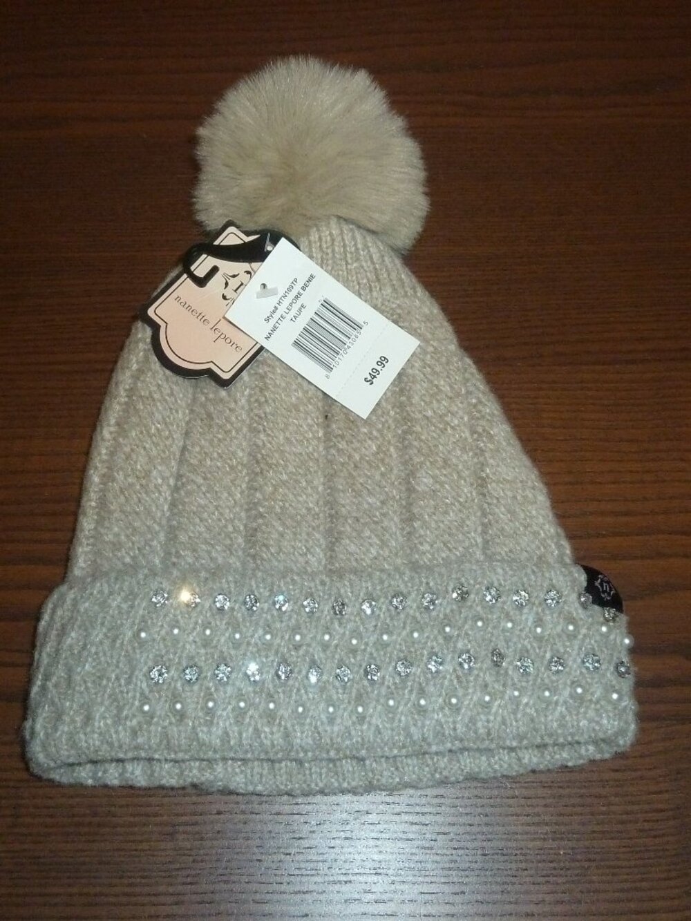 New Nanette Lepore Womens Taupe Knit Beanie With Faux Fur Pom